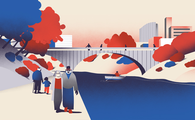 illustration of older couple walking alongside a river