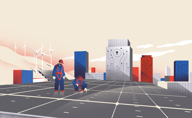 illustration of two individuals repairing solar panels