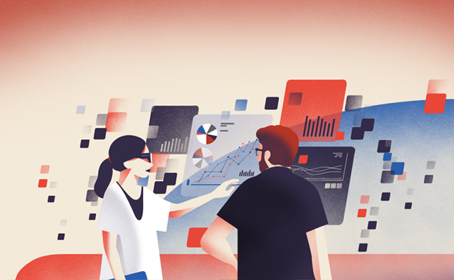 illustration of two people looking at charts