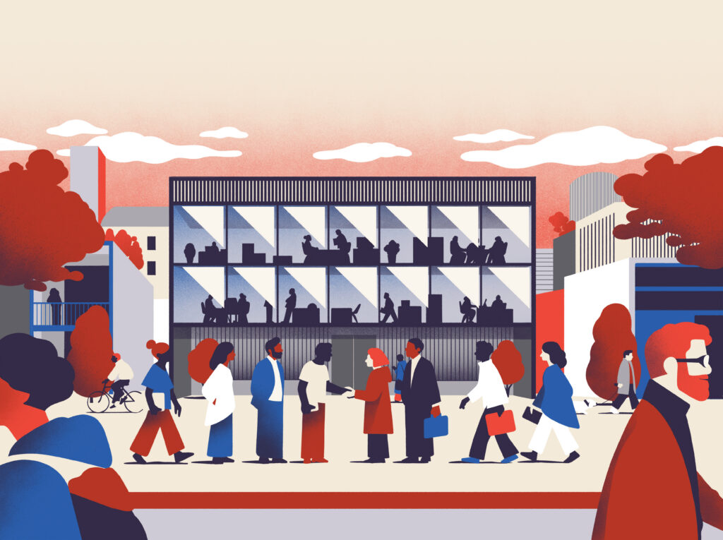 illustration of people meeting outside of a building