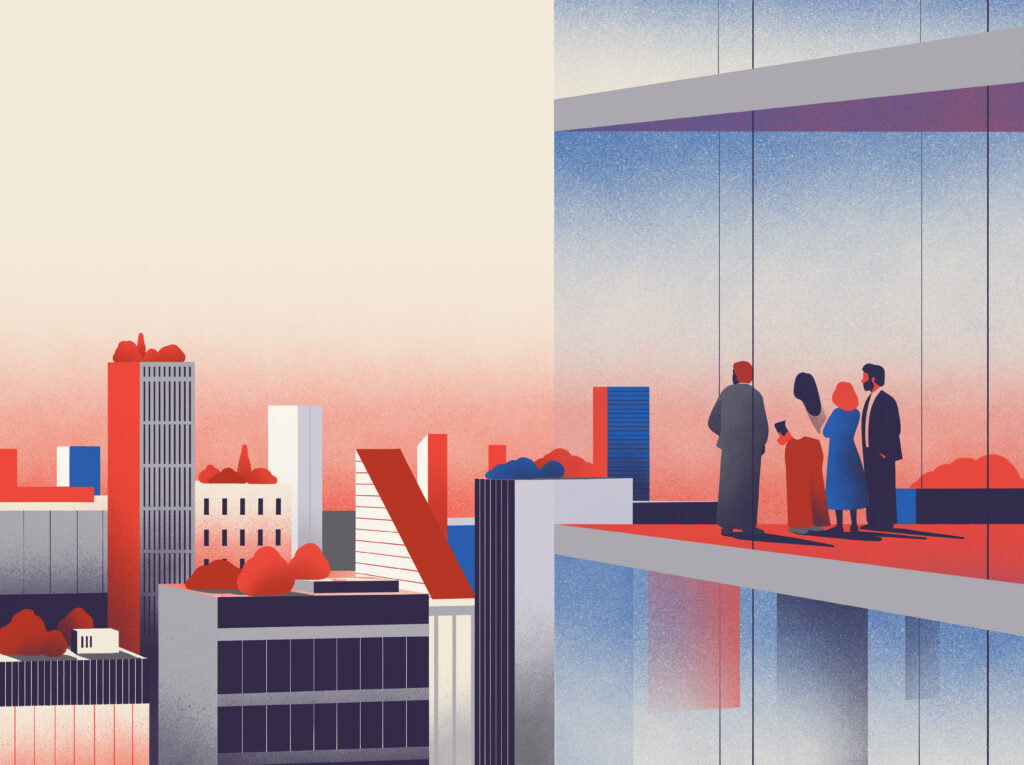 illustration of people looking at skyline