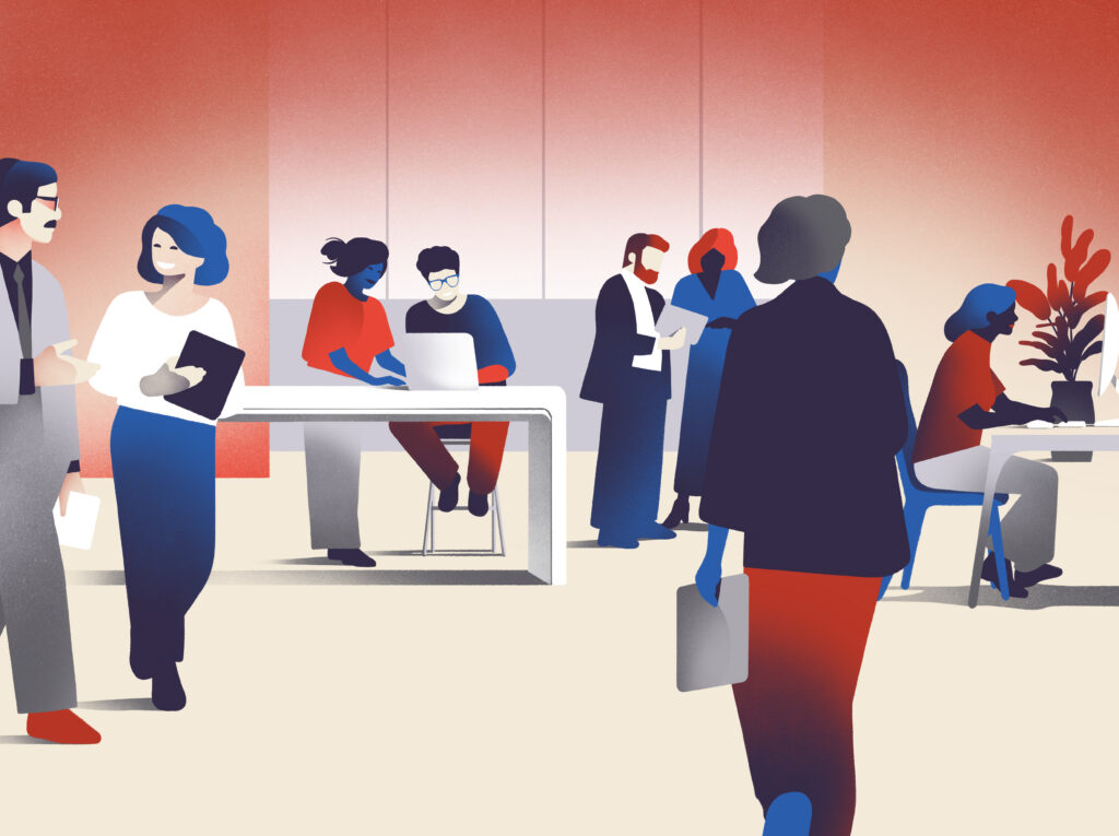 illustration of a busy, collaborative workplace